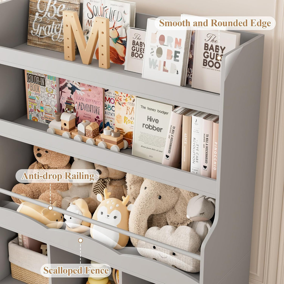 HITHOS Kids Bookshelf With Toy Storage Organizer, 55.3in H x 39.2in W, 3 Movable Storage Bins