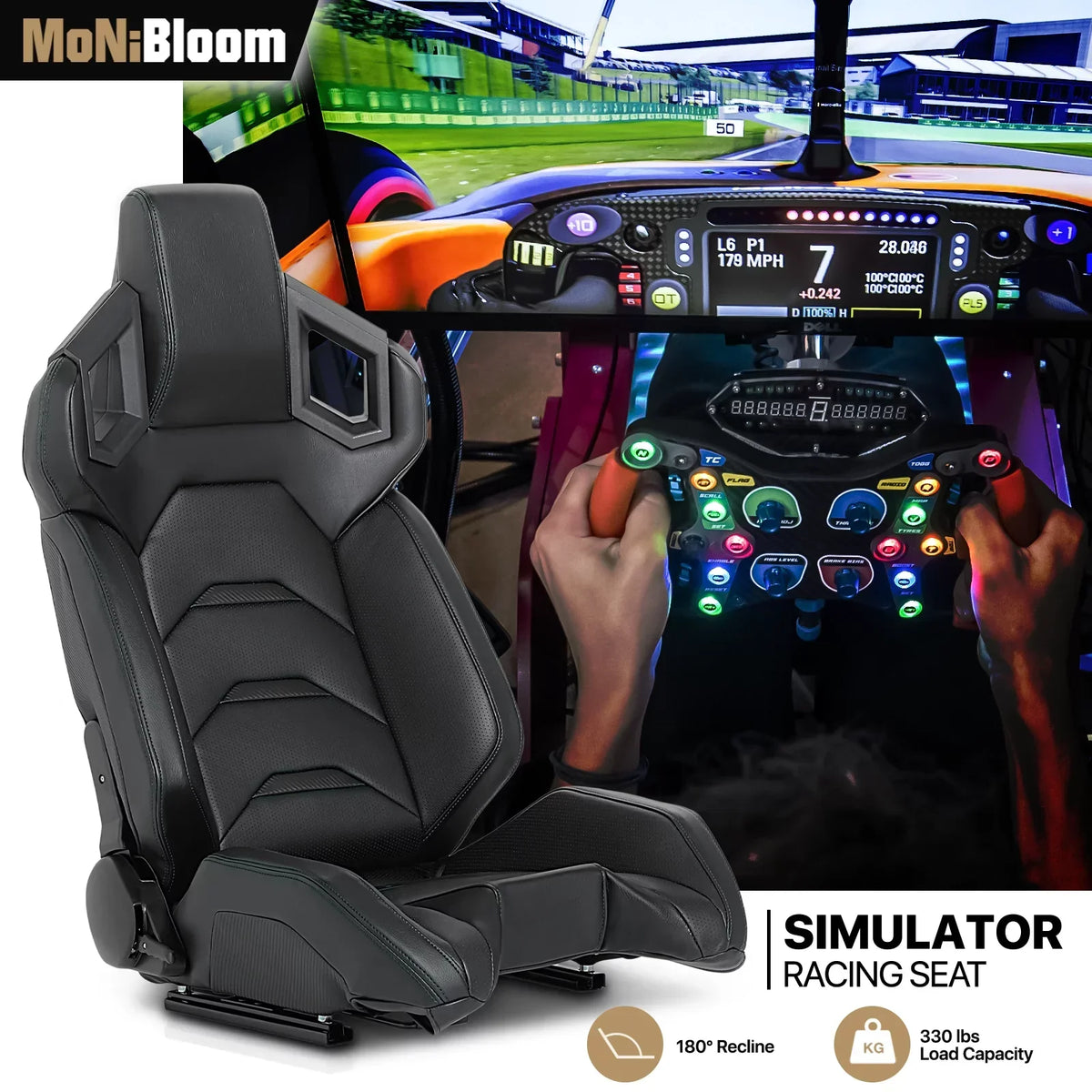 MoNiBloom Racing Simulator Game Seat, Black, 21.0 x 20.5 x 38.0 in, 330lbs, 80-180 Degree Backrest