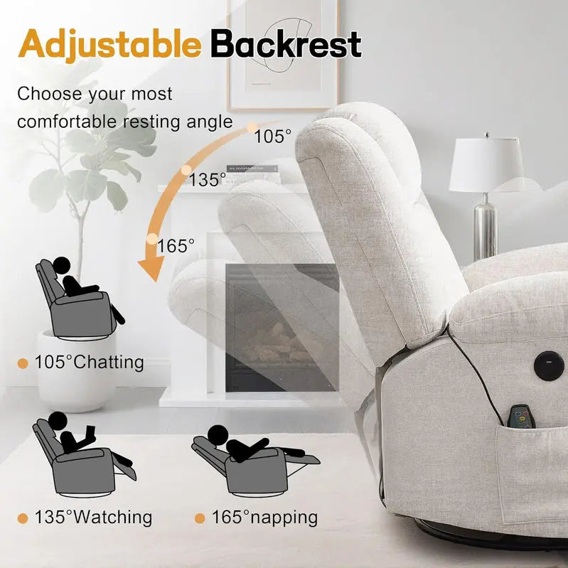 Heated Massage 360-Degree Swivel Rocker Recliner, 34.25 in D x 39.39 in W x 41.39 in H