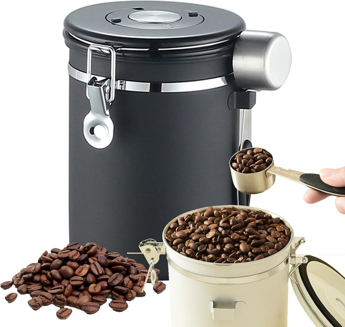 Coffee Storage Canister With Spoon, Date Tracker And One-Way Exhaust Valve - 1200ml, 1500ml, 1800ml