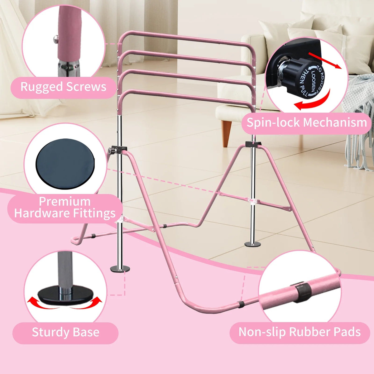 Expandable Gymnastics Bar For Kids, Folding, Height Adjustable 35-51 in, Pink