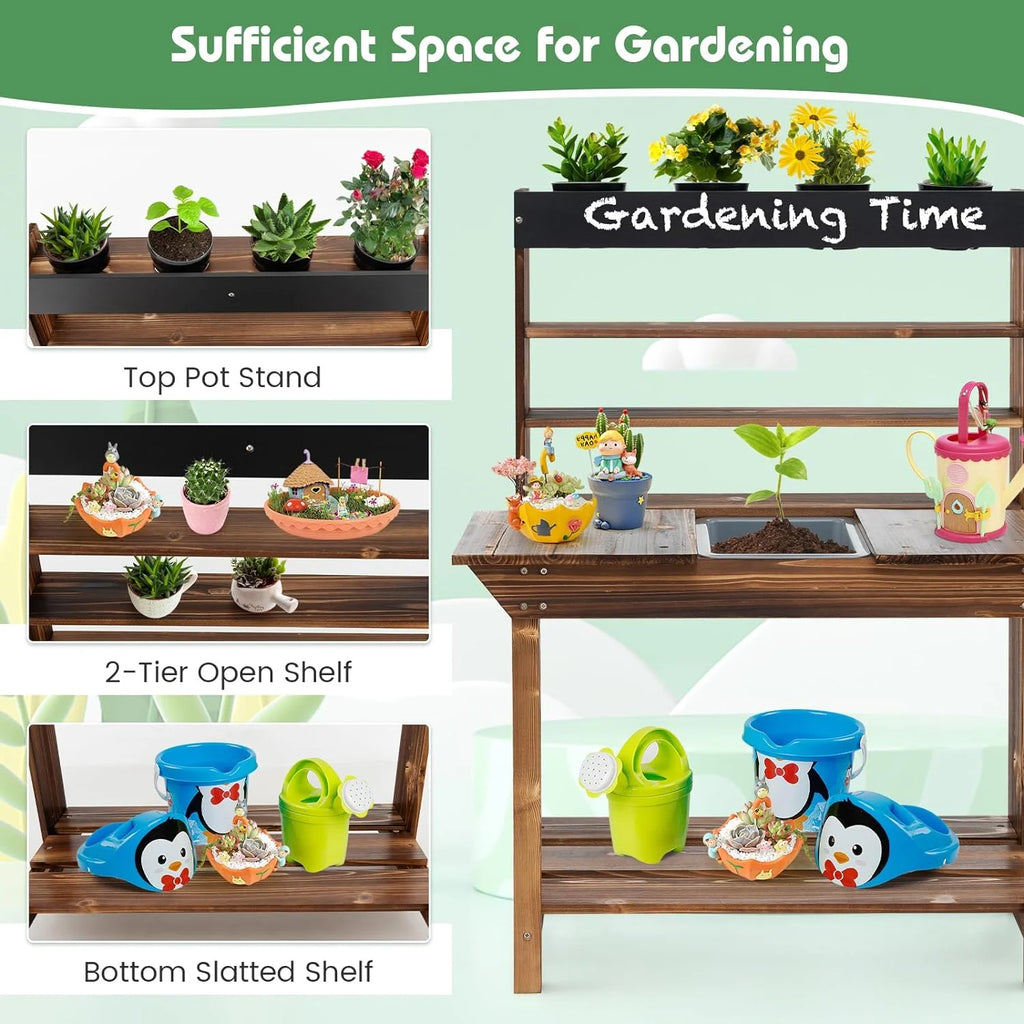 DORTALA Kids Potting Bench Mud Kitchen, Fir Wood, 4 Pots, 28 x 16 x 36 in