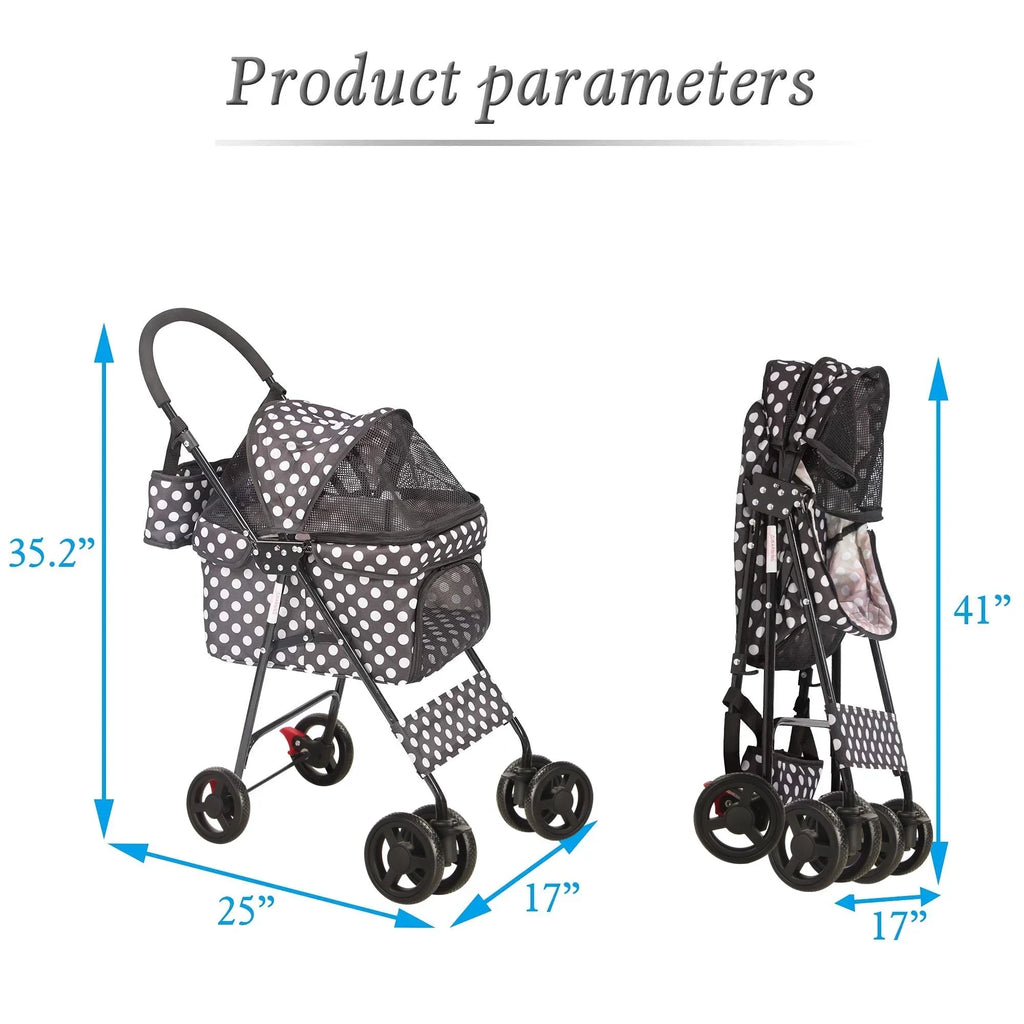 Foldable Pet Travel Stroller For Cats & Dogs, Waterproof, 4 Wheels, Black