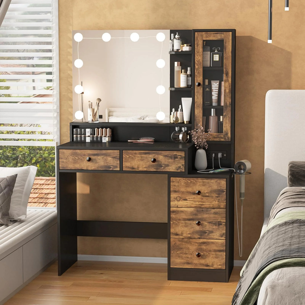 VEANERWOOD Makeup Vanity Desk With Lighted Mirror, Power Strip, 5 Drawers, White - 39.4in x 15.7in x 56.7in