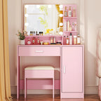 Ktaxon Vanity Makeup Table With Stool, 3-Color Lighted Mirror, 3 Shelves, Drawers, White - 35.43 x 15.55 x 29.53-53.27 in