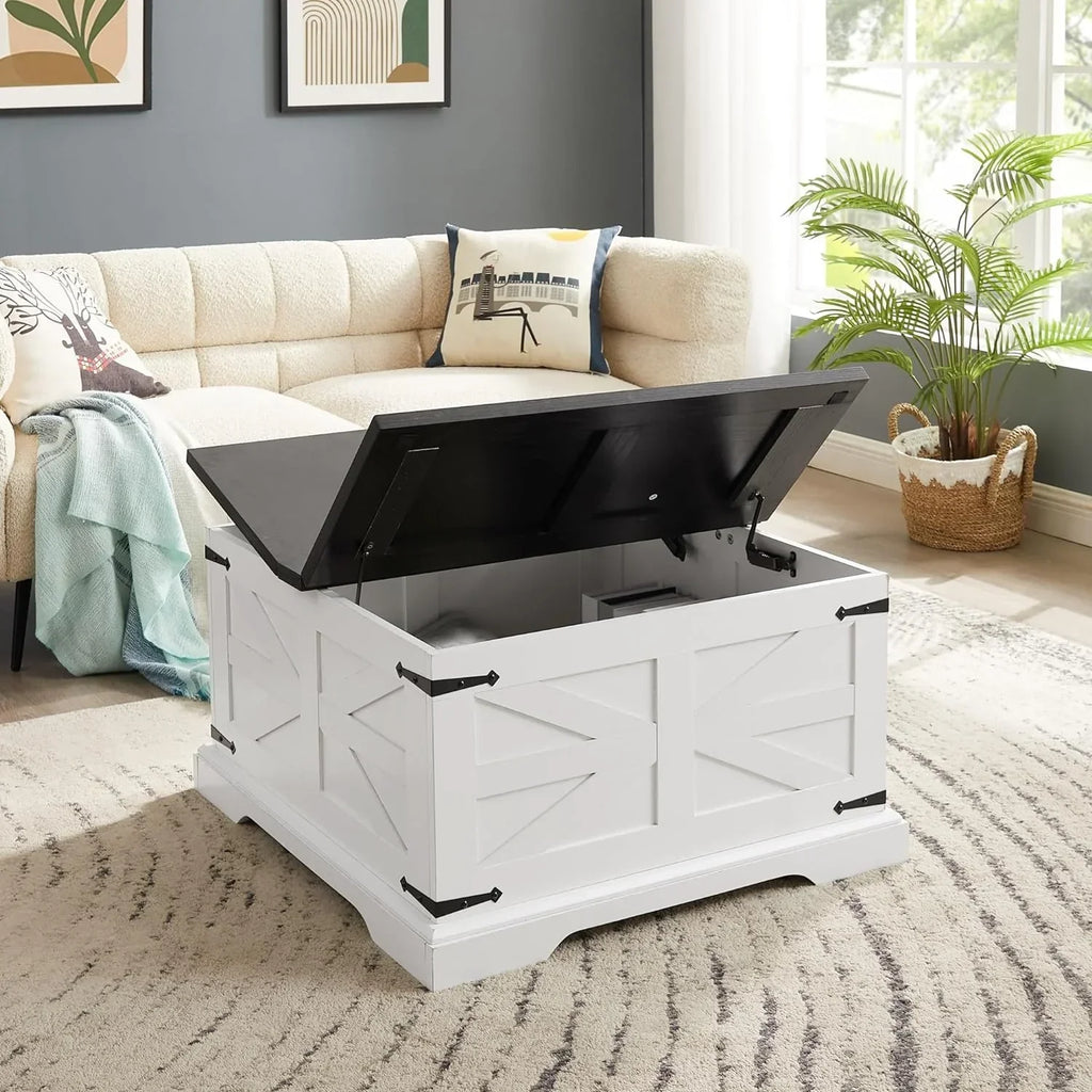 Farmhouse Square Lift-Top Coffee Table With Hidden Storage, White, 31.5 x 31.5 x 18.5 in