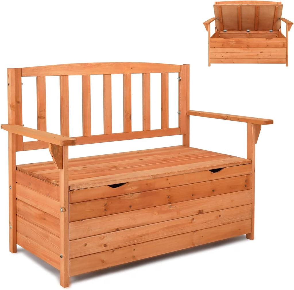 Outvita Outdoor Wood Storage Bench Loveseat With Armrests - 2 Person
