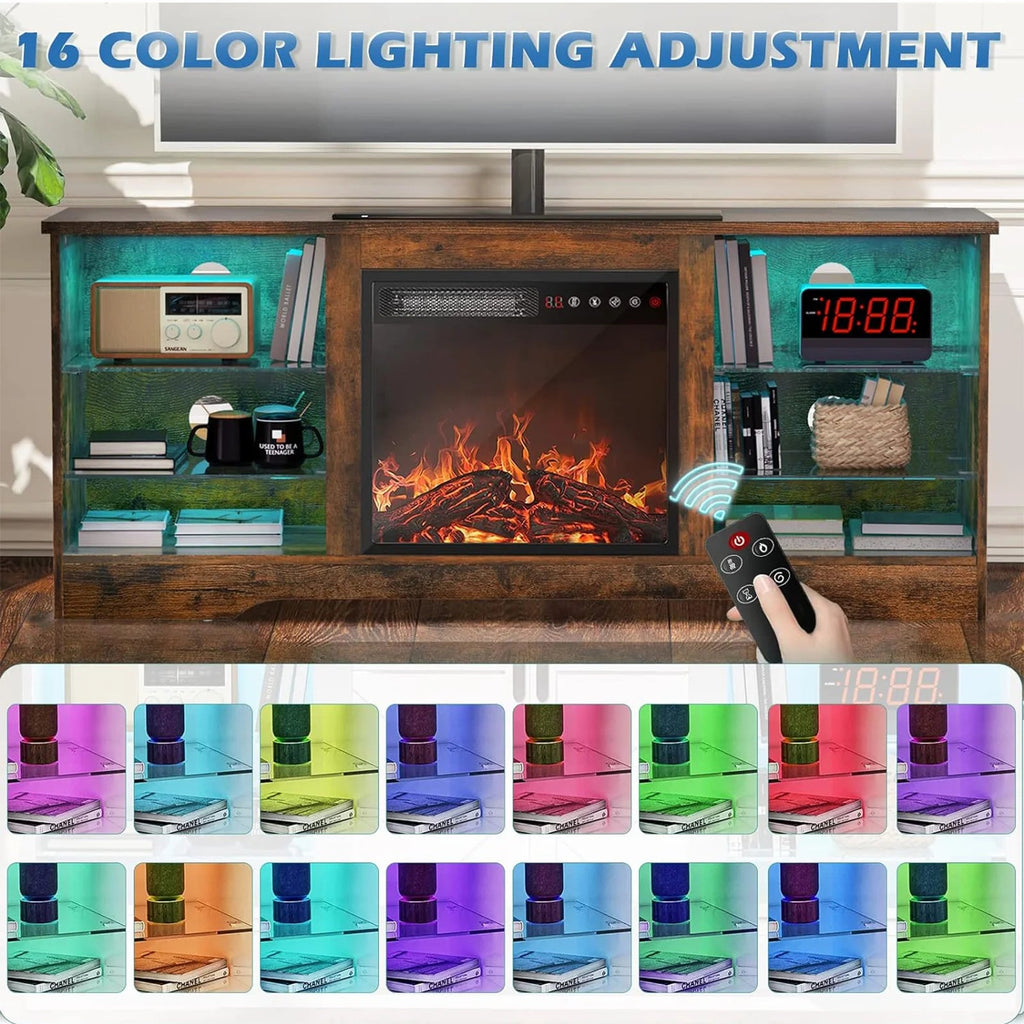 Waleaf TV Stand With 18 in Electric Fireplace And Adjustable Glass Shelves - TVs Up To 65 inch
