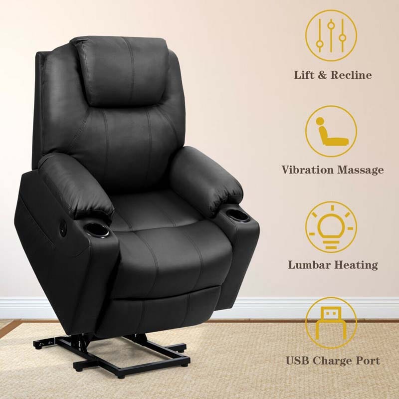 Electric Power Lift Recliner Chair With Leather Massage, Lumbar Heating, 8 Vibrating Nodes, Cup Holders And USB Port