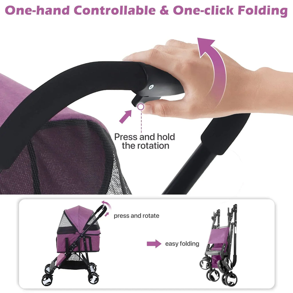 NiamVelo 3-in-1 Detachable Pet Stroller With 4 Wheels, Purple