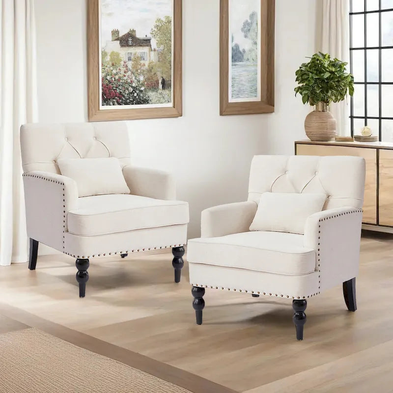 Set Of 2 Upholstered Button-Tufted Accent Chairs With Lumbar Pillows - 30 x 29 x 35 inches