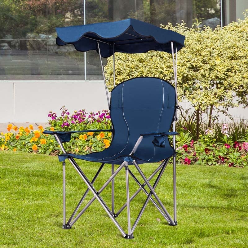 Outdoor Canopy Folding Beach Chair With 2 Cup Holders, 600D PVC Fabric - 38in x 26.5in x 51in