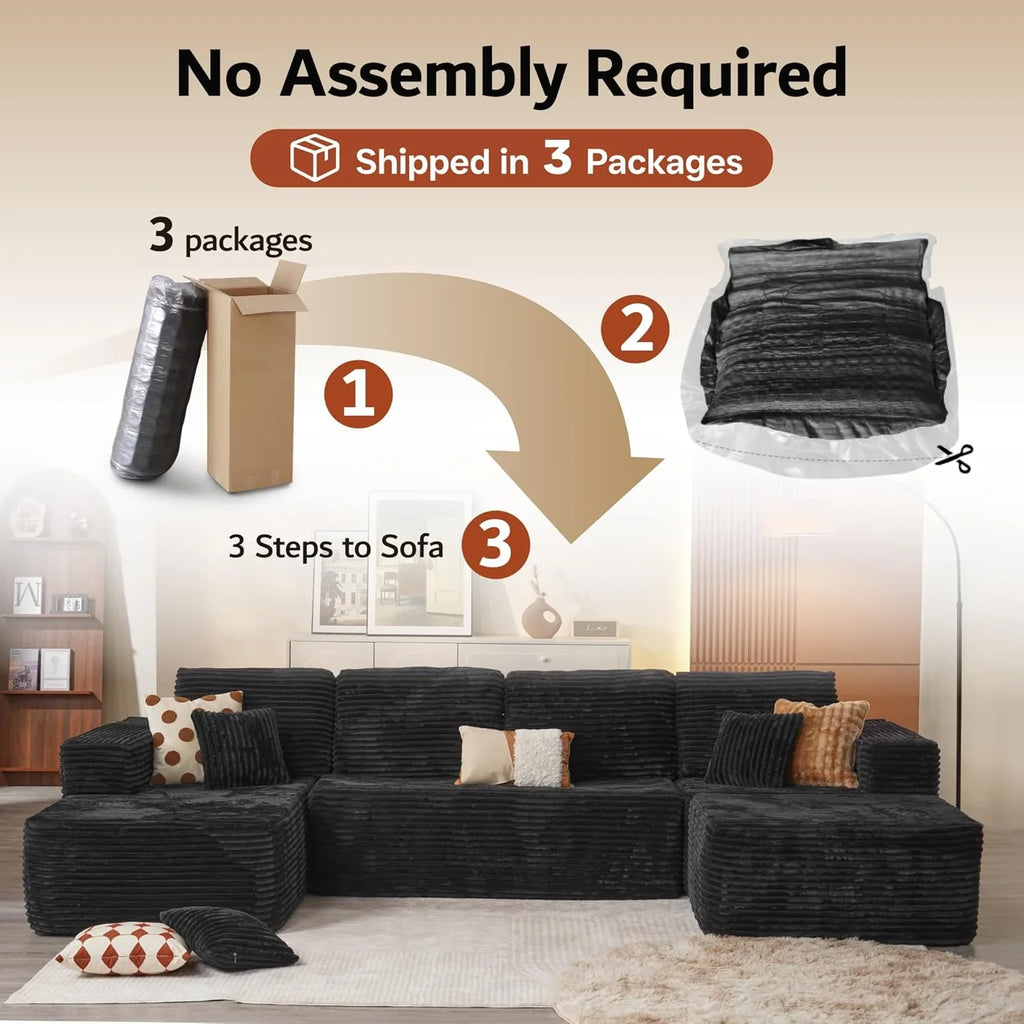 ovios 104in L-Shape Sectional Sofa With Chaise, Grey Plush Corduroy Fabric