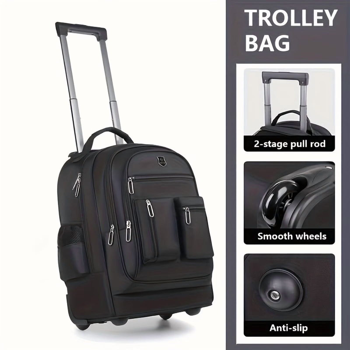 Rolling Backpack With Retractable Handle, Aluminum Frame, Oxford Fabric, Black