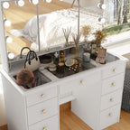 Makeup Vanity Dresser With Tri-Fold Mirror, Glass Top And 15 Bulbs - 40.2 x 53.6 x 19.7
