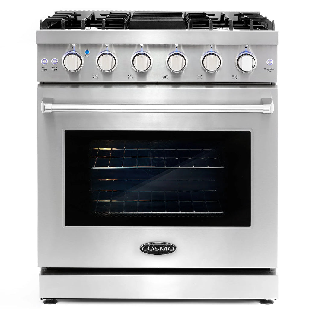 Cosmo 4-Piece Kitchen Appliance Package - 30 in Gas Range, Wall Mount Range Hood, 24 in Built-In Dishwasher, French Door Refrigerator