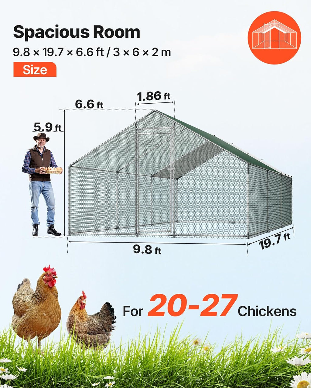 VEVOR Walk-In Metal Chicken Coop With Cover, 19.7 x 9.8 x 6.5 ft, Spire Roof And Security Lock