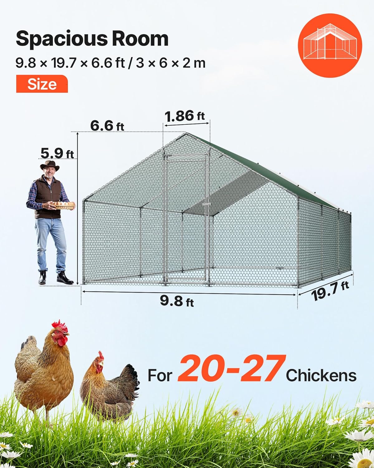 VEVOR Walk-In Metal Chicken Coop With Cover, 19.7 x 9.8 x 6.5 ft, Spire Roof And Security Lock