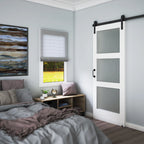 EightDoors 84 x 32 x 1-3/8 3-Lite Frosted Glass White Prefinished Solid Wood Core Interior Barn Door