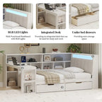 Ivery Furniture L-Shaped Wooden Twin/Full Daybed With Desk, Bookcase, Drawers And RGB Light - Natural/White