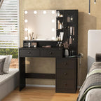 VEANERWOOD Makeup Vanity Desk With Lighted Mirror, Power Strip, 5 Drawers, White - 39.4in x 15.7in x 56.7in