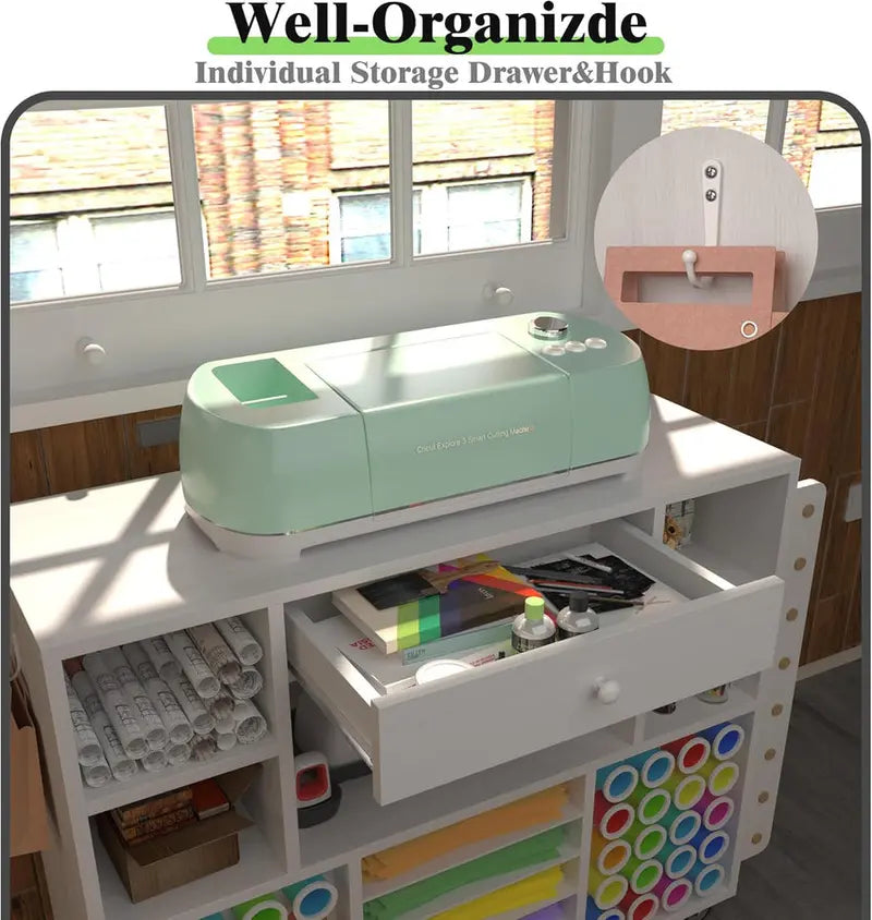 Rolling Craft Storage Cart For Cricut Machines With 48-Spool Vinyl Holder, 41.93 x 14.2 x 31.1 Inches