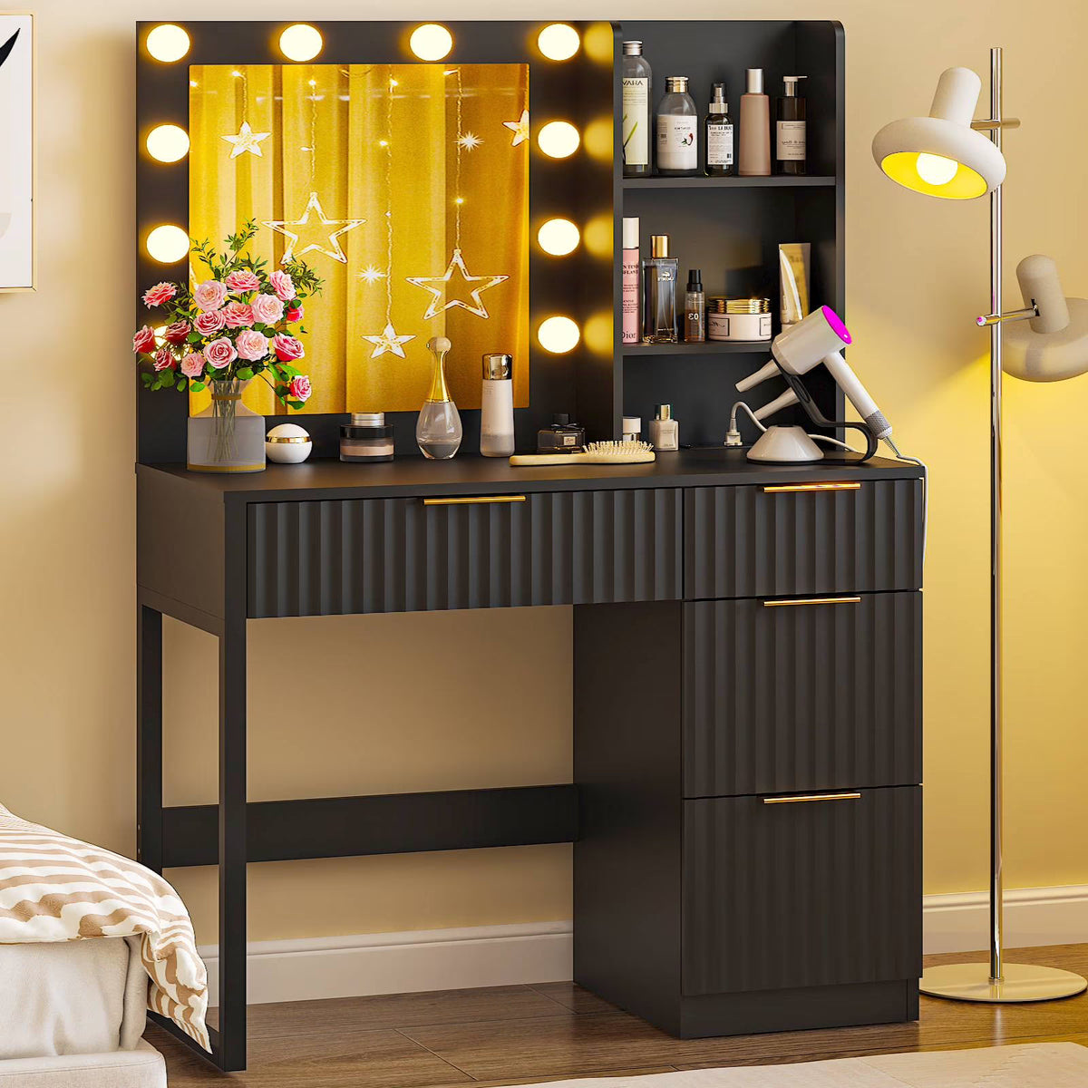 Ktaxon Vanity Makeup Table With Stool, 3-Color Lighted Mirror, 3 Shelves, Drawers, White - 35.43 x 15.55 x 29.53-53.27 in