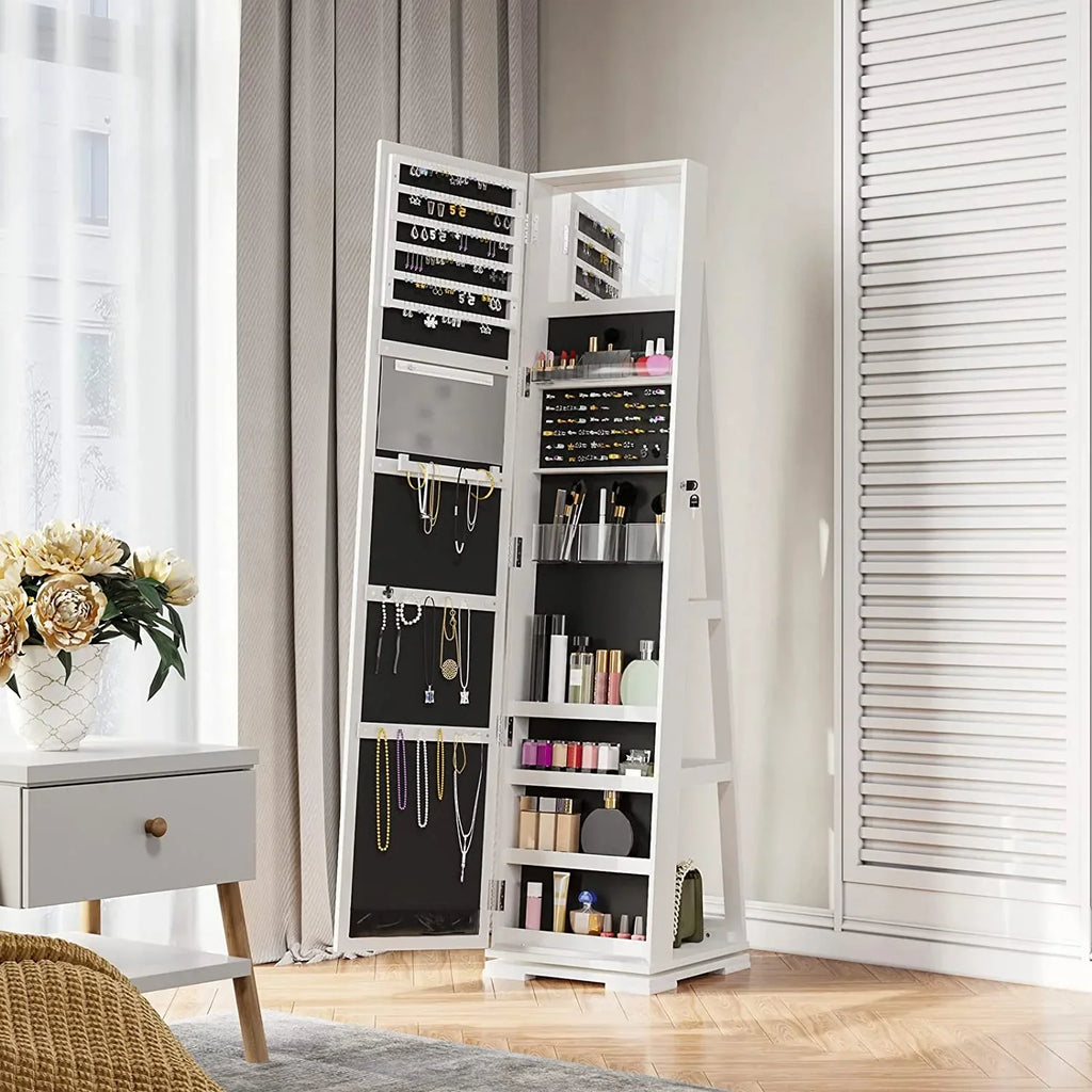 Dextrus 360 Degree Swivel Lockable Jewelry Cabinet With Full-Length Mirror And Rear Storage Shelves - White