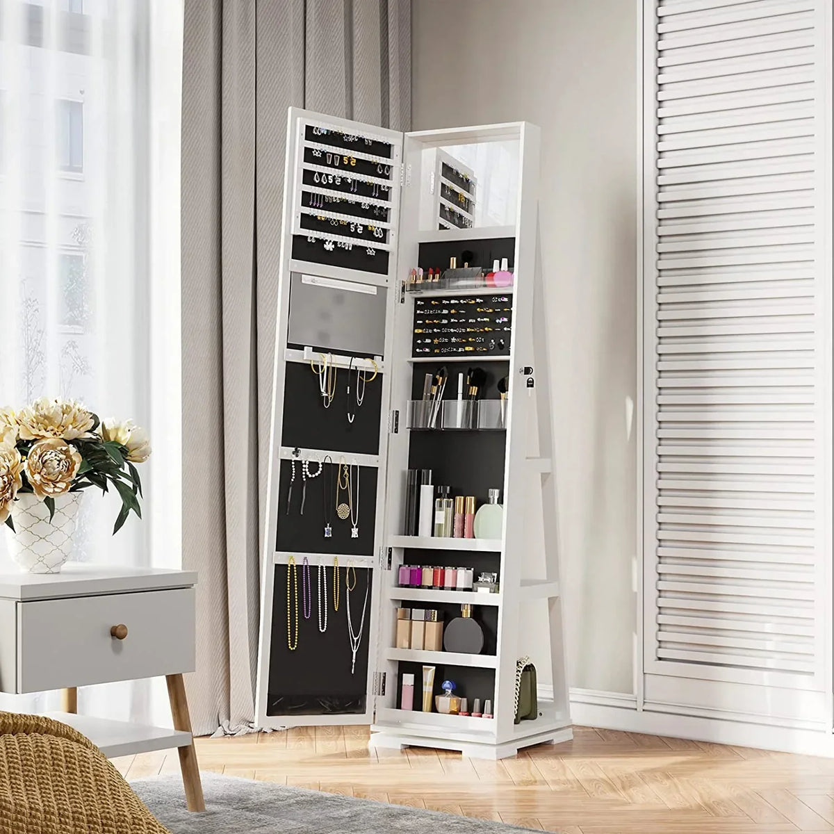 Dextrus 360 Degree Swivel Lockable Jewelry Cabinet With Full-Length Mirror And Rear Storage Shelves - White