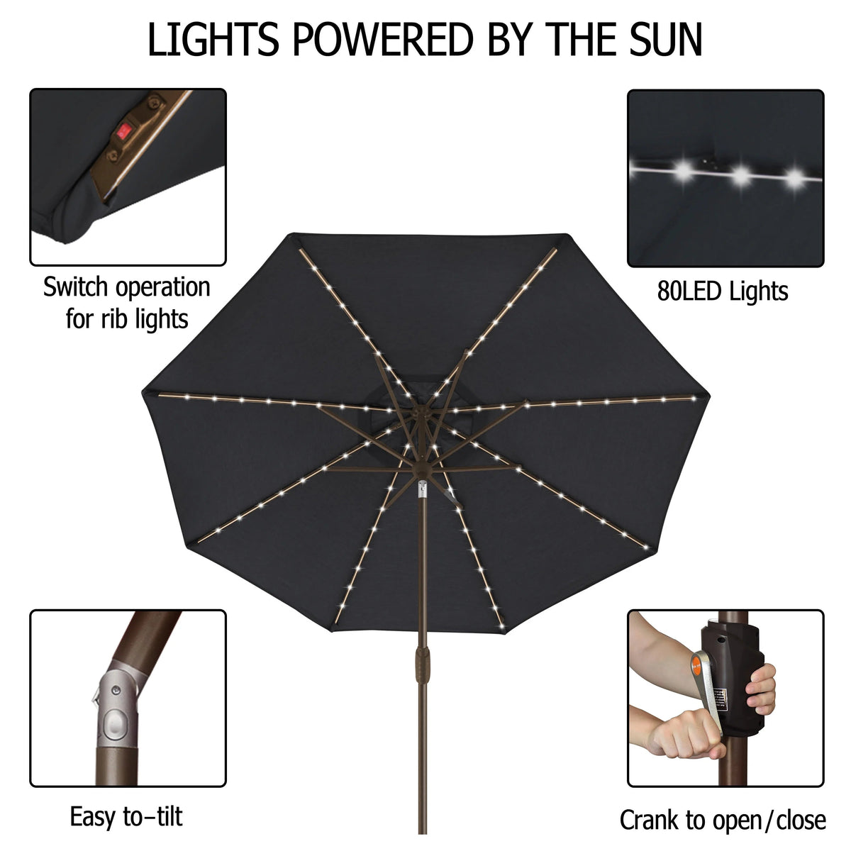 EliteShade 9ft Market Patio Umbrella With 80 LED Lights, Ruby