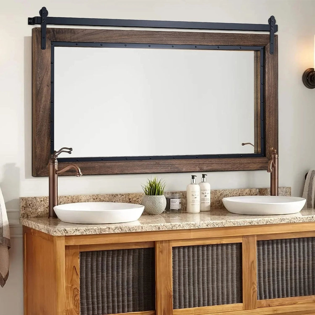 COSMOGO Farmhouse Barn Door Style Natural Wood Bathroom Vanity Wall Mirror 24 x 32 in
