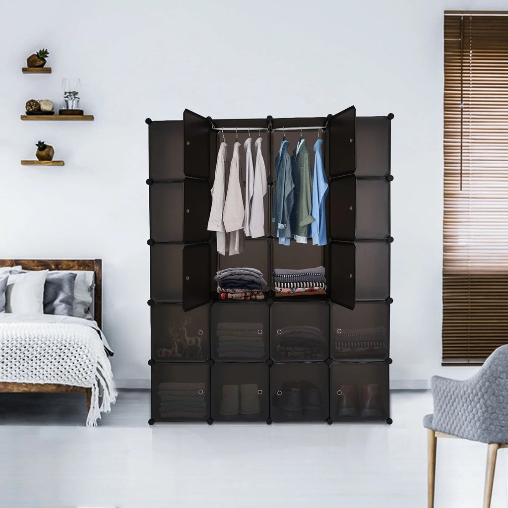 20-Cube Plastic Closet Organizer With Hanging Rod, Brown - 58 x 14.5 x 70 in