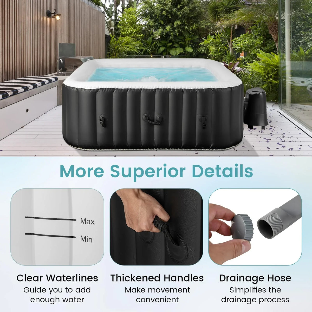 Inflatable Hot Tub, 70-80 in Round Or 71 x 70 in Rectangular, 2-6 Person