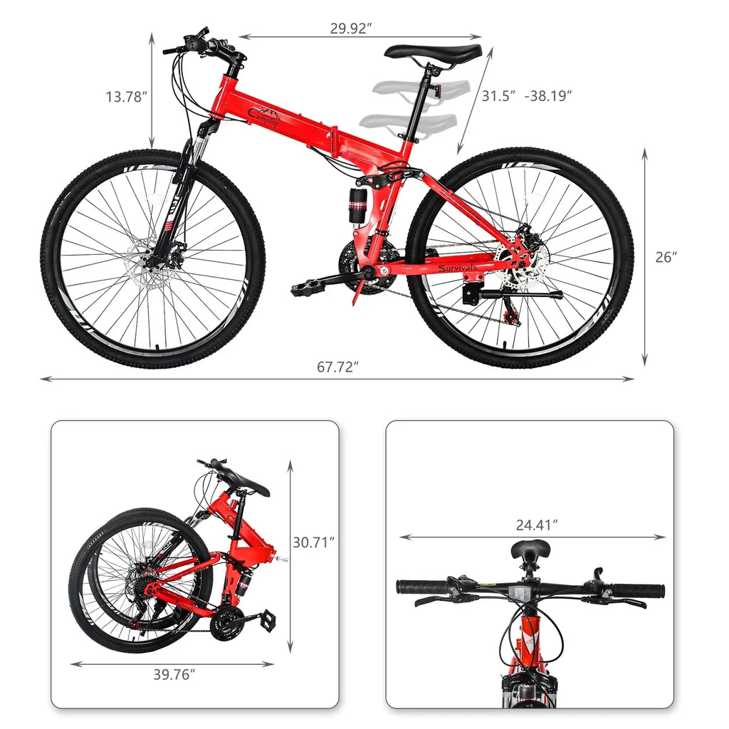 iRerts 26 Inch Folding Adult Mountain Bike, 21 Speed, Dual Disc Brakes, Red/Black