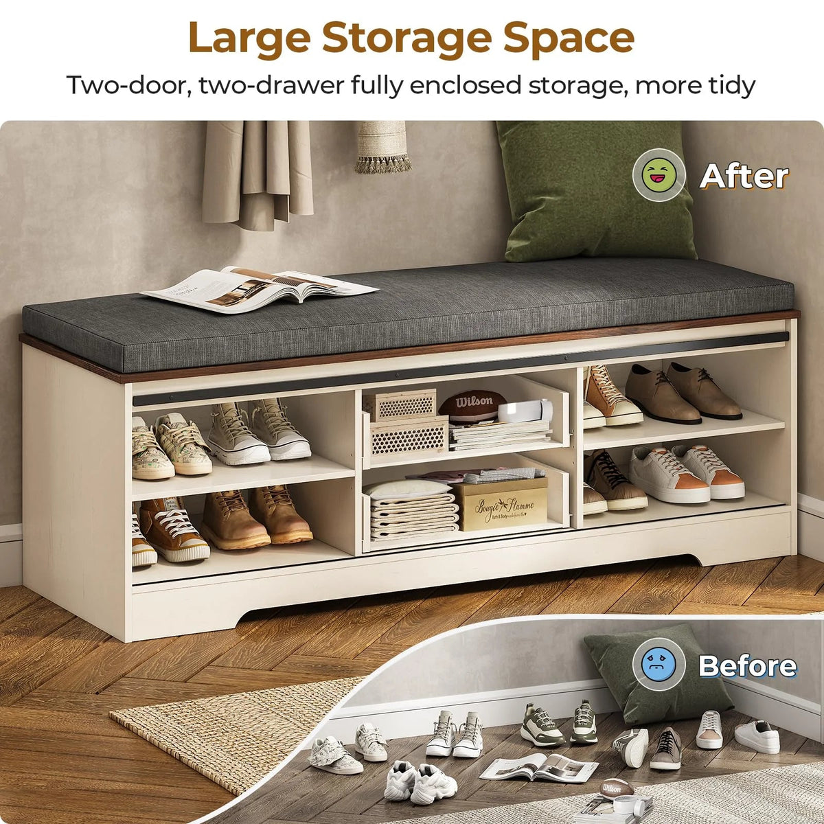 Farmhouse Shoe Storage Bench With Cushion, 31.4in, Metal Barn Door, Old White