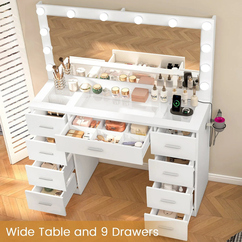 TEENFON Vanity Desk With Large Lighted Mirror, 46 in, 9 Drawers, Glass Desktop, White