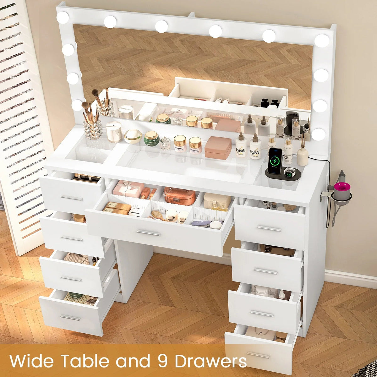 TEENFON Vanity Desk With Large Lighted Mirror, 46 in, 9 Drawers, Glass Desktop, White