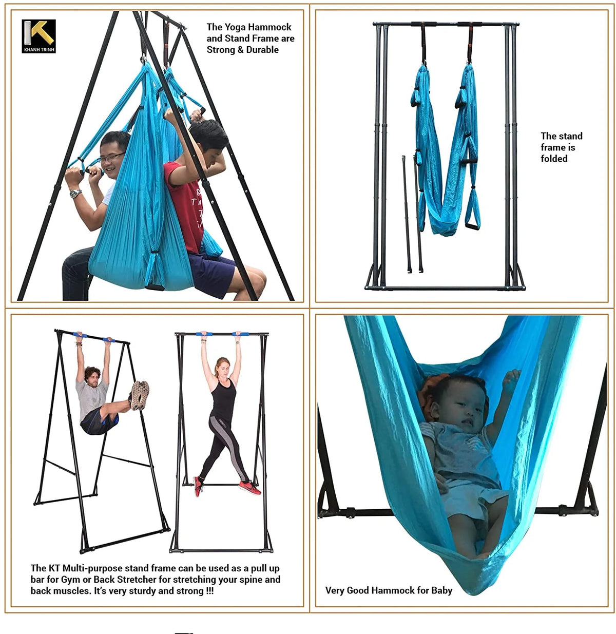 KT Aerial Yoga Hammock And Foldable Stand Set, Blue, 70.86-100.78 Height Adjustable