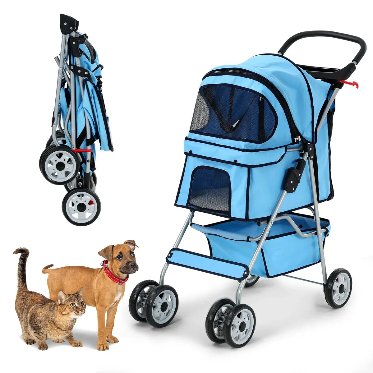 Dkelincs Folding Pet Stroller With Cup Holder And Storage Basket, Blue - 35 lbs