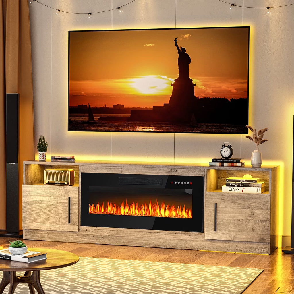 Waleaf TV Stand With 18 in Electric Fireplace And Adjustable Glass Shelves - TVs Up To 65 inch