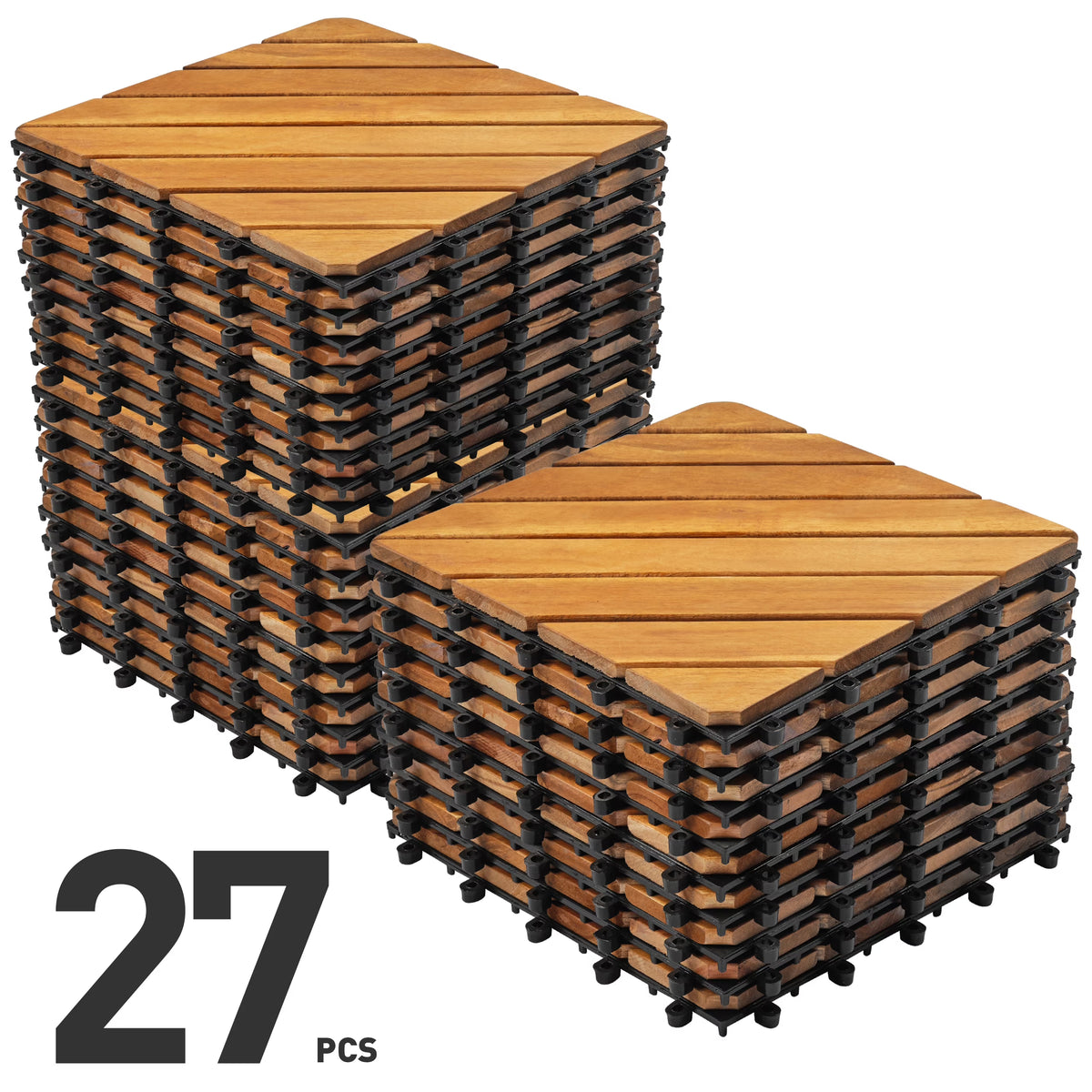 TrumanPick 27 PCS Interlocking Acacia Wood Deck Tiles, 12 in L x 12 in W, Brown Diagonal