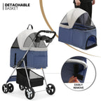 MoNiBloom 4-Wheel Foldable Pet Stroller, 33 lbs, Navy Blue