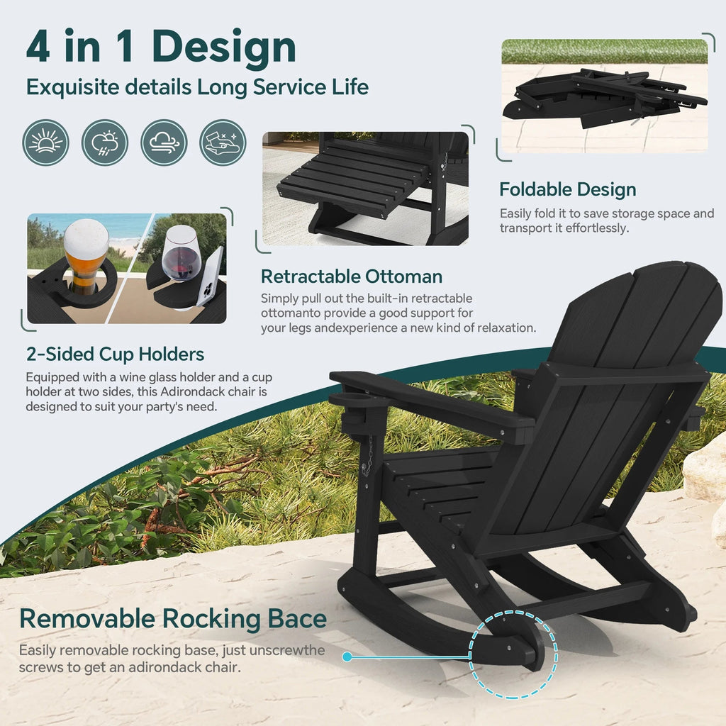 KINGYES Folding Adirondack Rocker Chair Set Of 2 With Footrest And Dual Cup Holders - Black