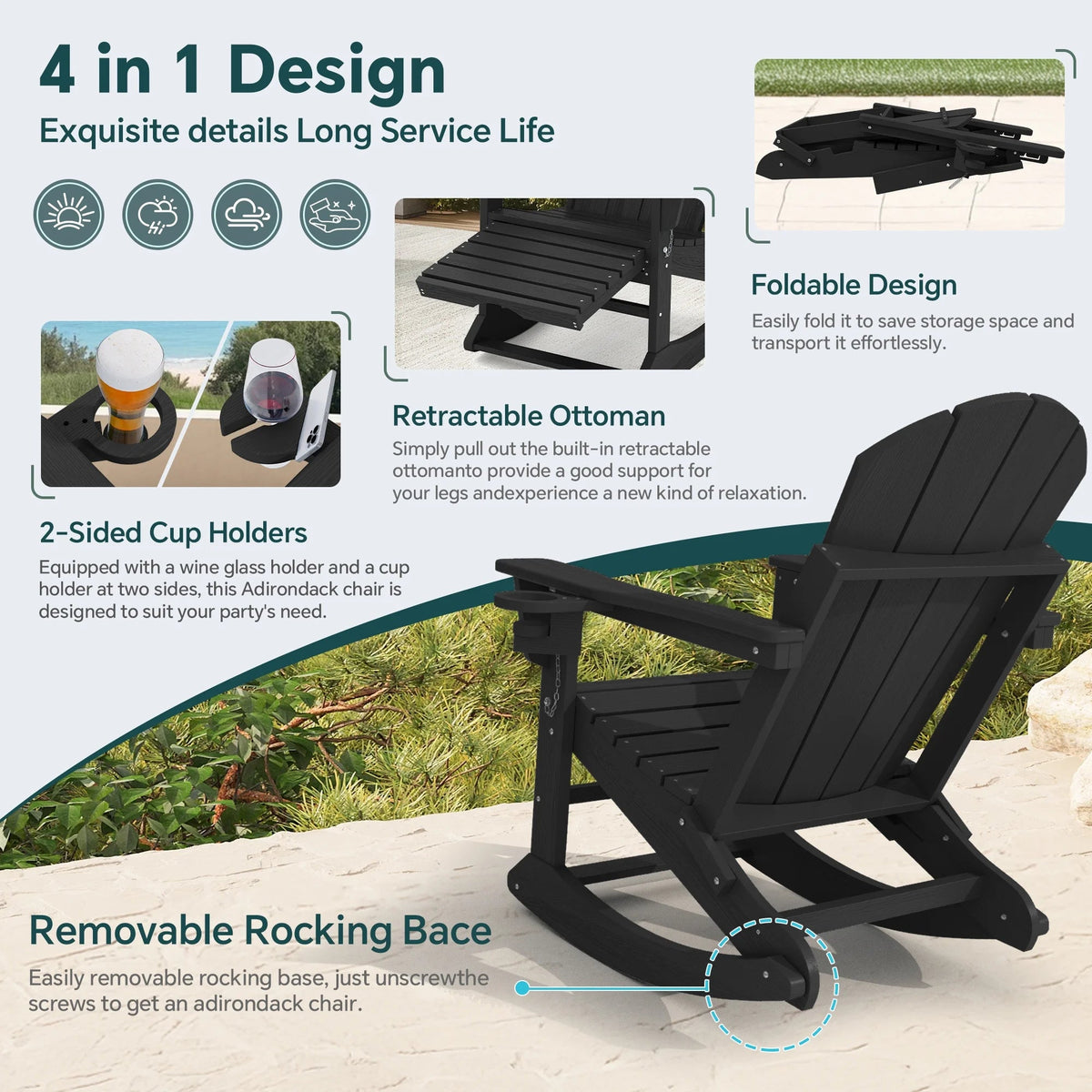 KINGYES Folding Adirondack Rocker Chair Set Of 2 With Footrest And Dual Cup Holders - Black