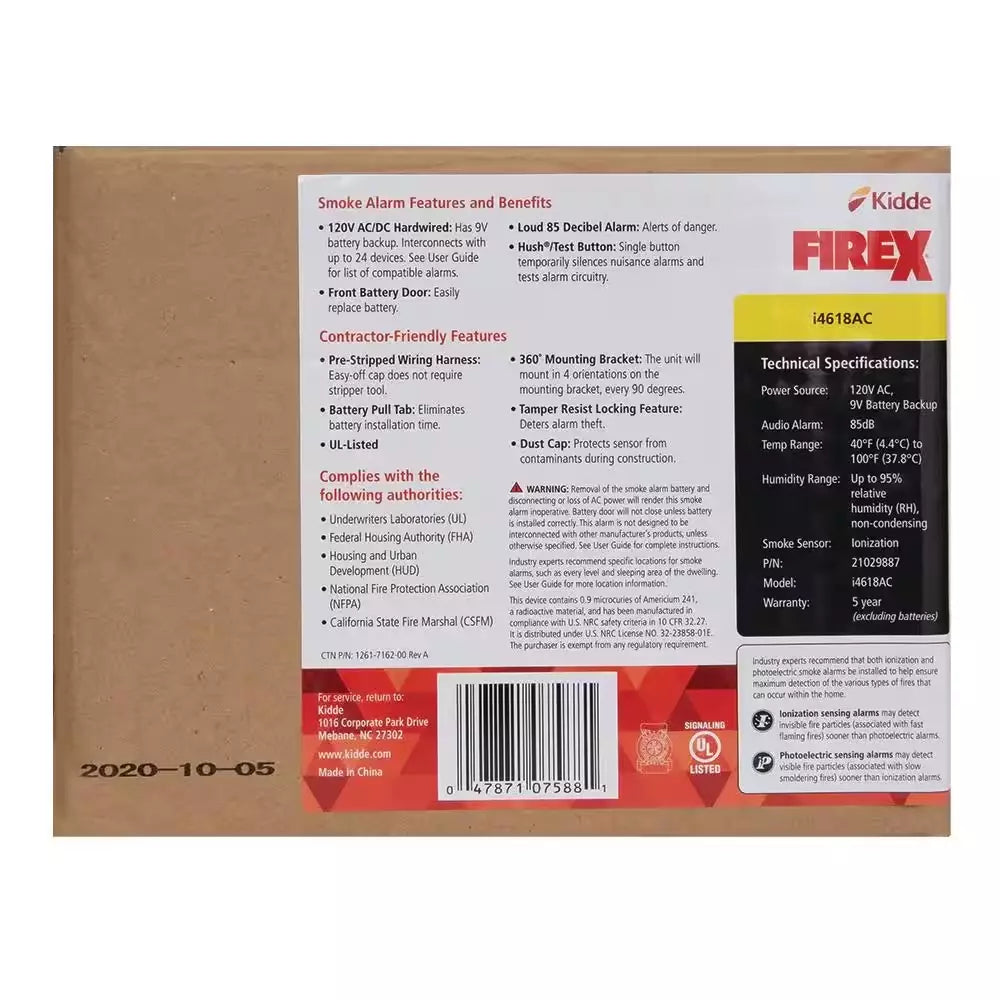 Hardwired Smoke Alarm With Ionization Sensor, 4-Pack, 120V AC, 9V Battery Backup - i4618