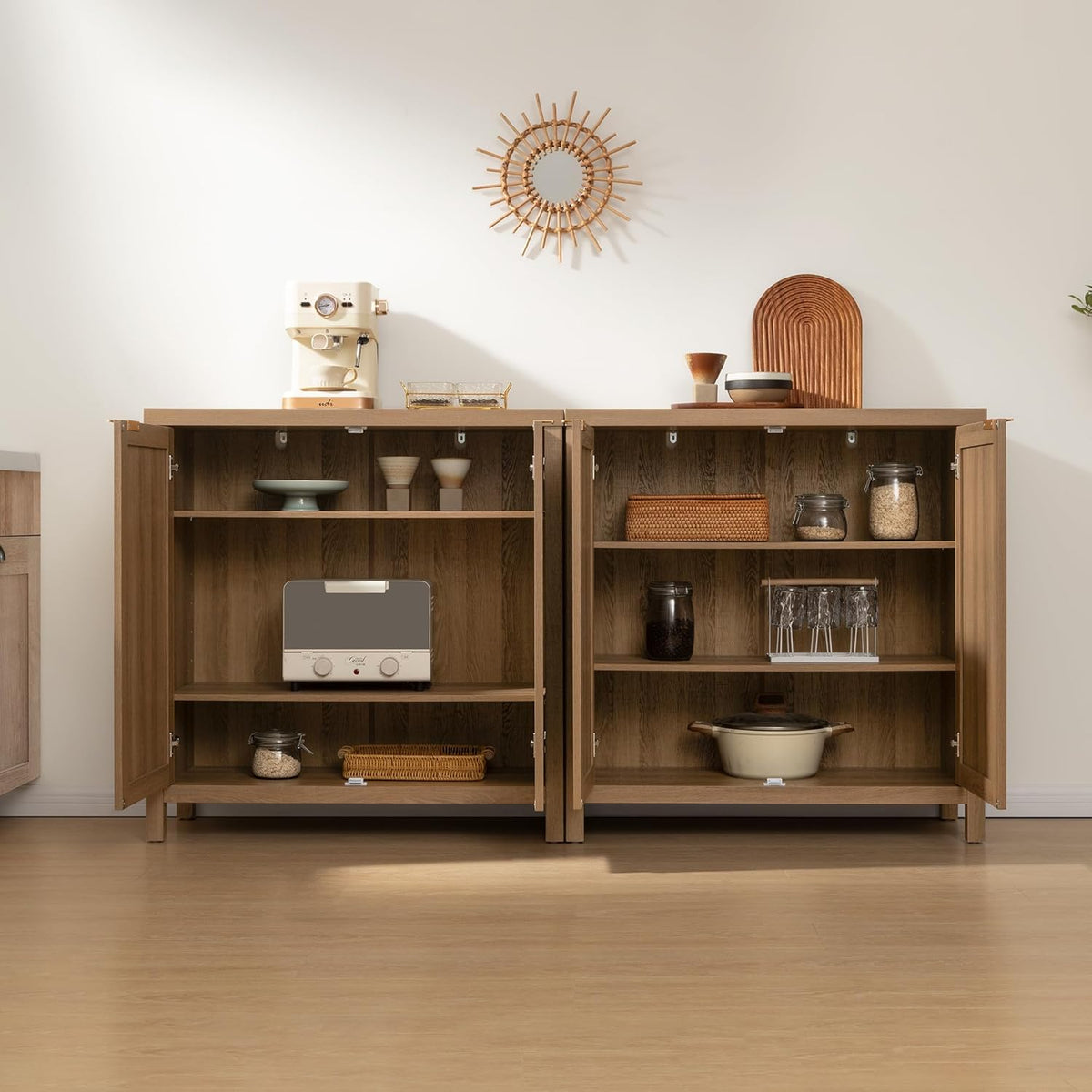 SICOTAS Sideboard Buffet Cabinet, 13.9in D x 68.6in W x 35.4in H, Oak, 2 Pcs