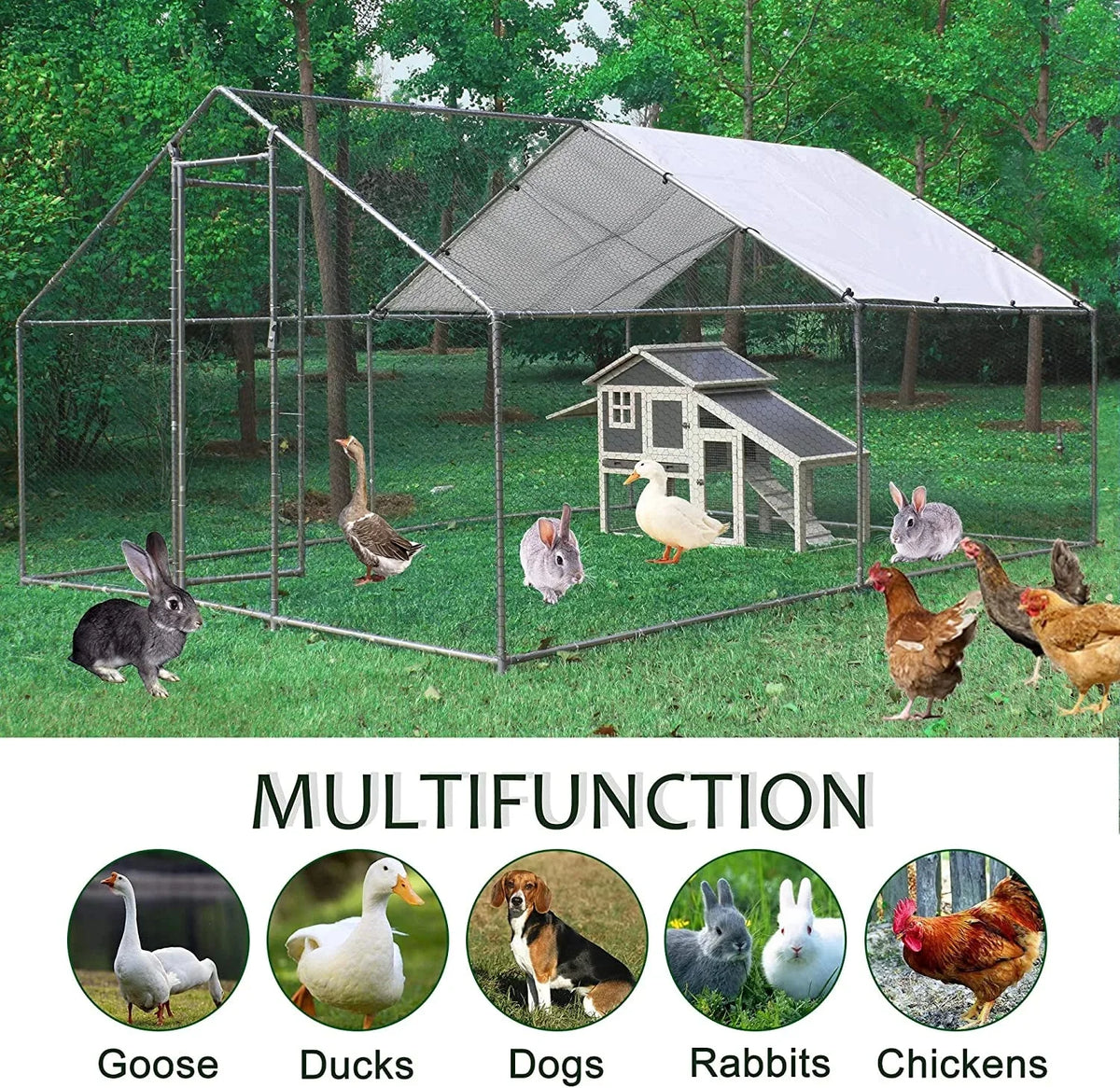 Metal Walk-In Chicken Run Cage With Cover, 10'L X 6.6'W X 6.56'H
