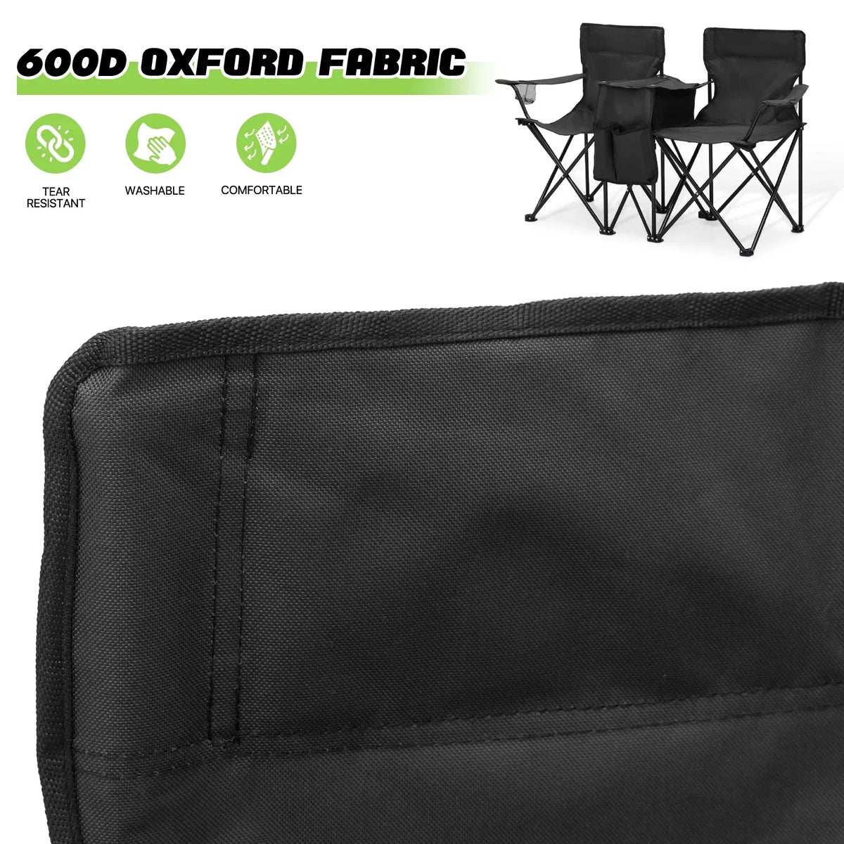 Magshion Portable Double Folding Camping Chair With Removable Umbrella, Cooler Bag And Carry Bag, Black