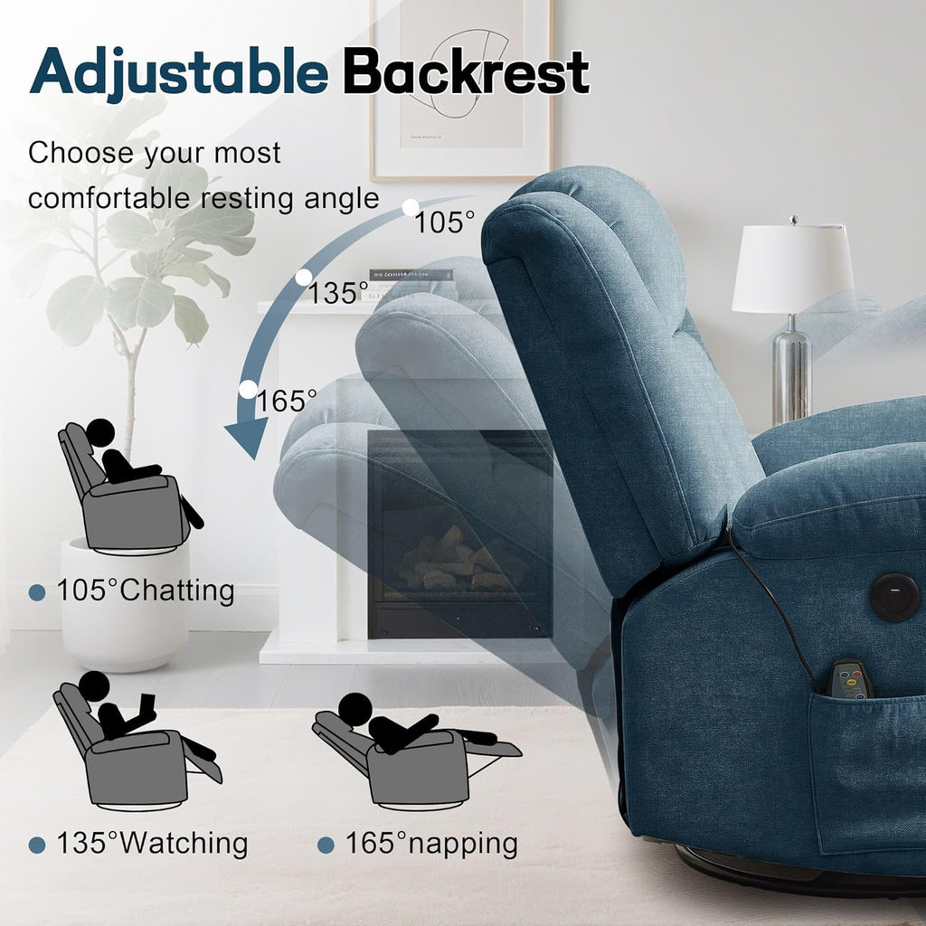 Korser Swivel Rocker Recliner Chair With Massage, Heating, USB Charging And Storage