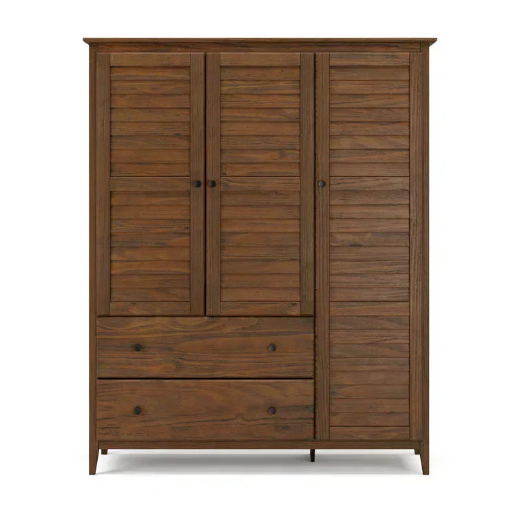 Solid Pine Wood Armoire, 3 Doors, 2 Drawers, 5 Shelves, 73.75 in H x 59.5 in W x 21.5 in D